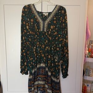 Umgee Bohemian Long Sleeve Dress in Green and Orange